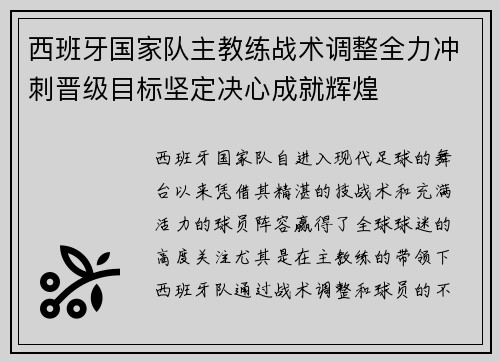 西班牙国家队主教练战术调整全力冲刺晋级目标坚定决心成就辉煌