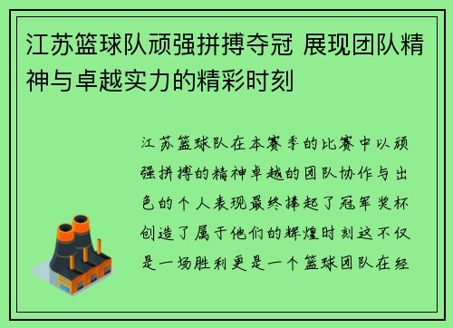 江苏篮球队顽强拼搏夺冠 展现团队精神与卓越实力的精彩时刻