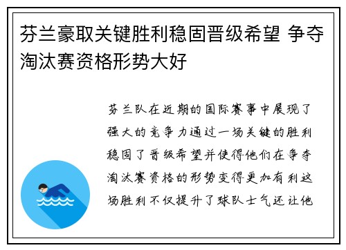 芬兰豪取关键胜利稳固晋级希望 争夺淘汰赛资格形势大好