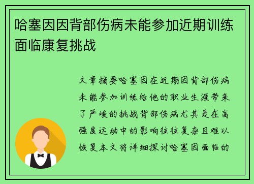 哈塞因因背部伤病未能参加近期训练面临康复挑战