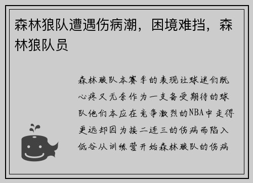 森林狼队遭遇伤病潮，困境难挡，森林狼队员