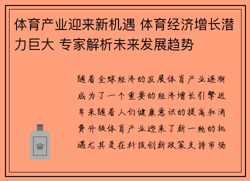 体育产业迎来新机遇 体育经济增长潜力巨大 专家解析未来发展趋势