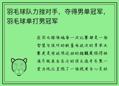 羽毛球队力挫对手，夺得男单冠军，羽毛球单打男冠军
